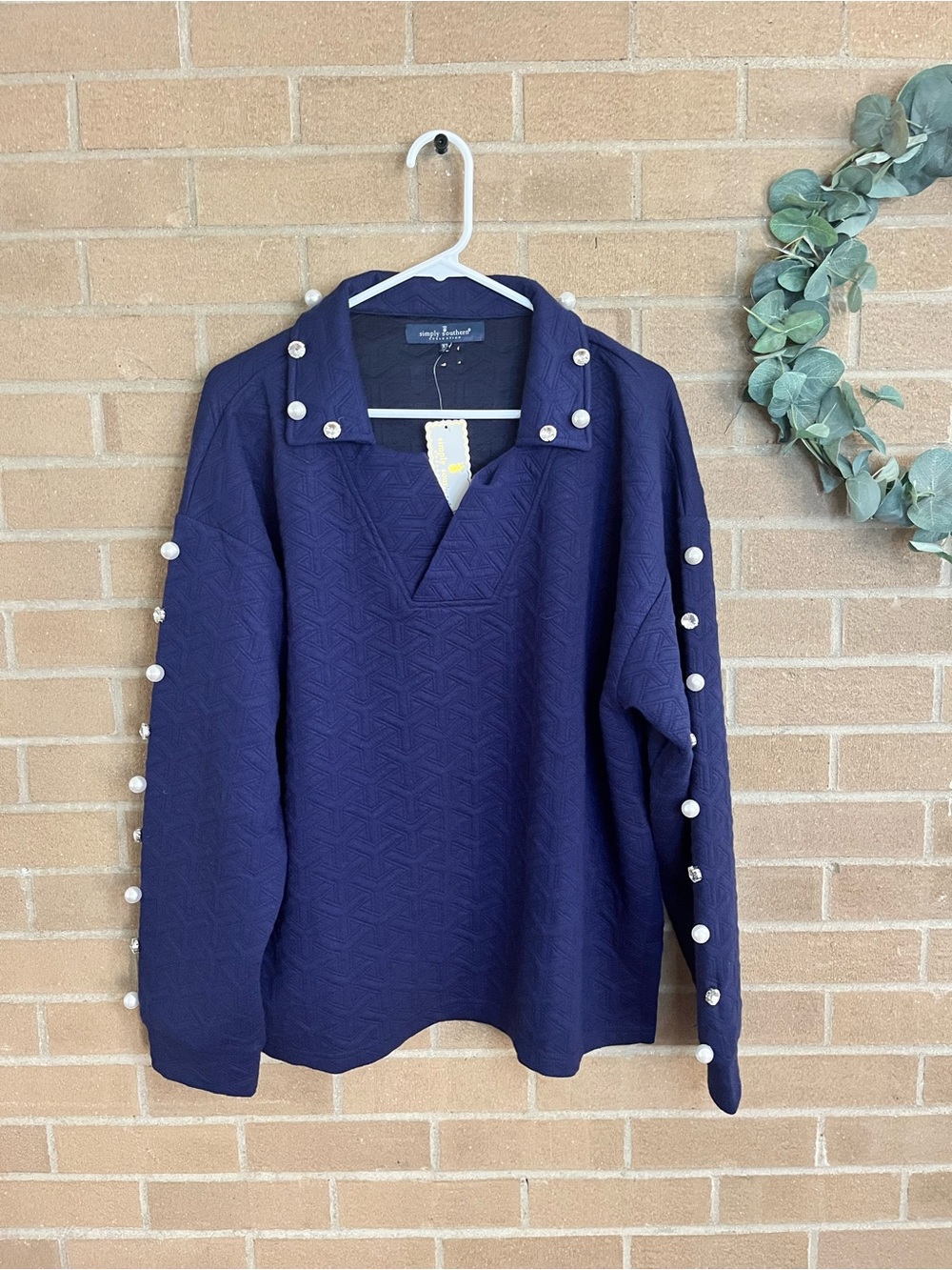 Simply Southern Navy V-Neck Sweater with Pearl Sleeve Trim